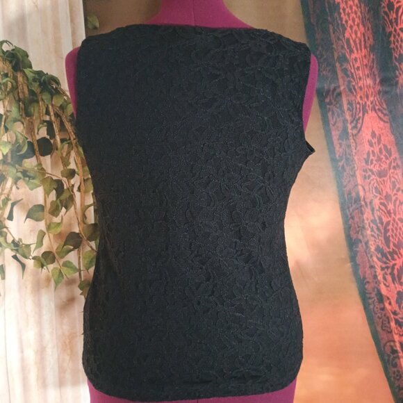 EUC: Dana Buchman Large Black Floral Lace Lined Sleeveless Tank Top - Picture 2 of 7
